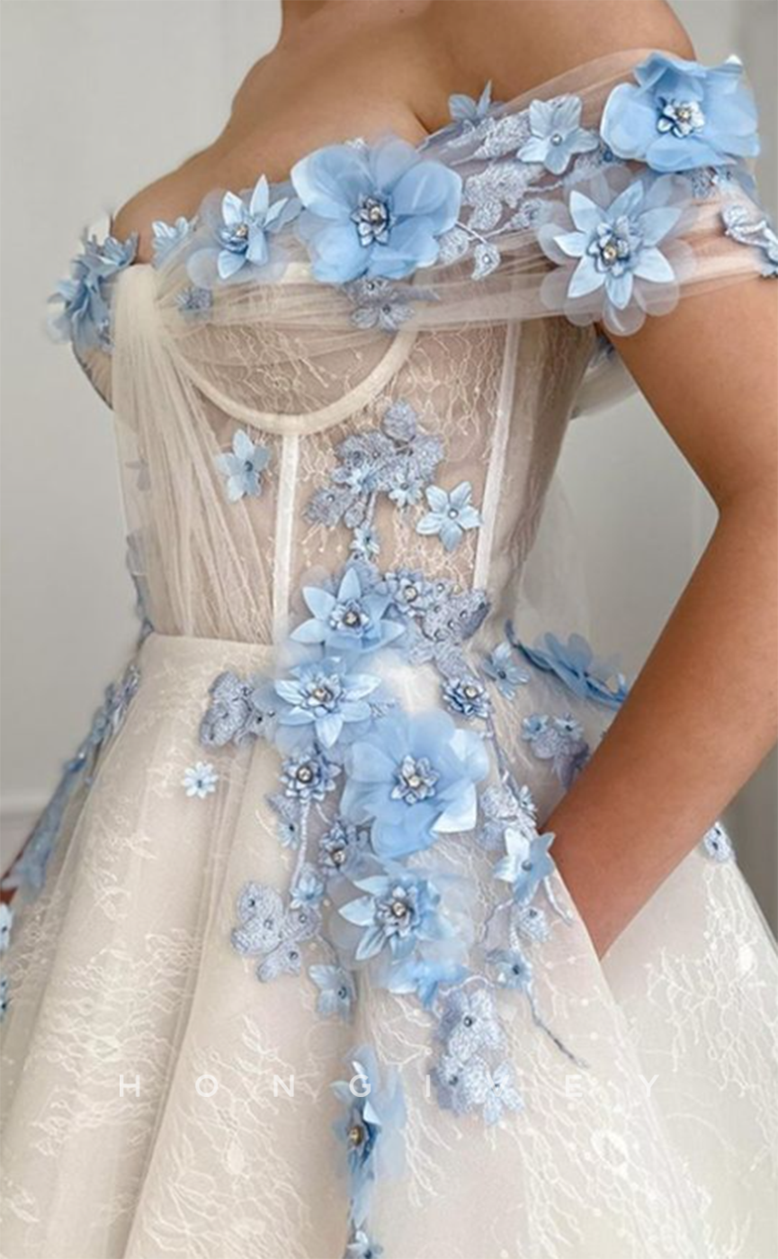 L1272 - Illusion Floral Embossed Lace Tiered With Train Formal Party Evening Prom Dress - Fashionpara