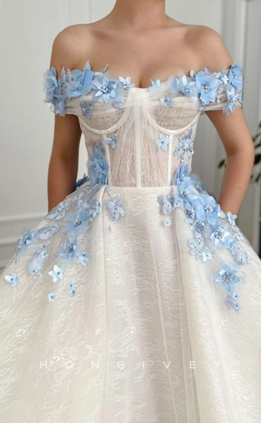 L1272 - Illusion Floral Embossed Lace Tiered With Train Formal Party Evening Prom Dress - Fashionpara