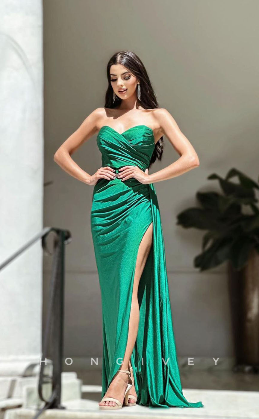 L1283 - Glitter Strapless Ruhced With Train And Slit Party Evening Prom Formal Dress - Fashionpara