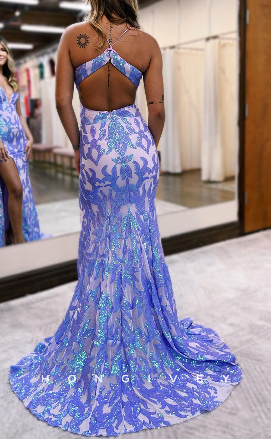 L1311 - Sexy V-Neck Spaghetti Straps With Side Slit Prom Formal Party Evening Dress - Fashionpara