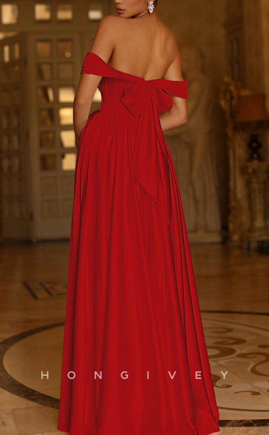 L1313 - Off-Shoulder Satin Bowknot Backless Floor-Length Evening Prom Dress - Fashionpara