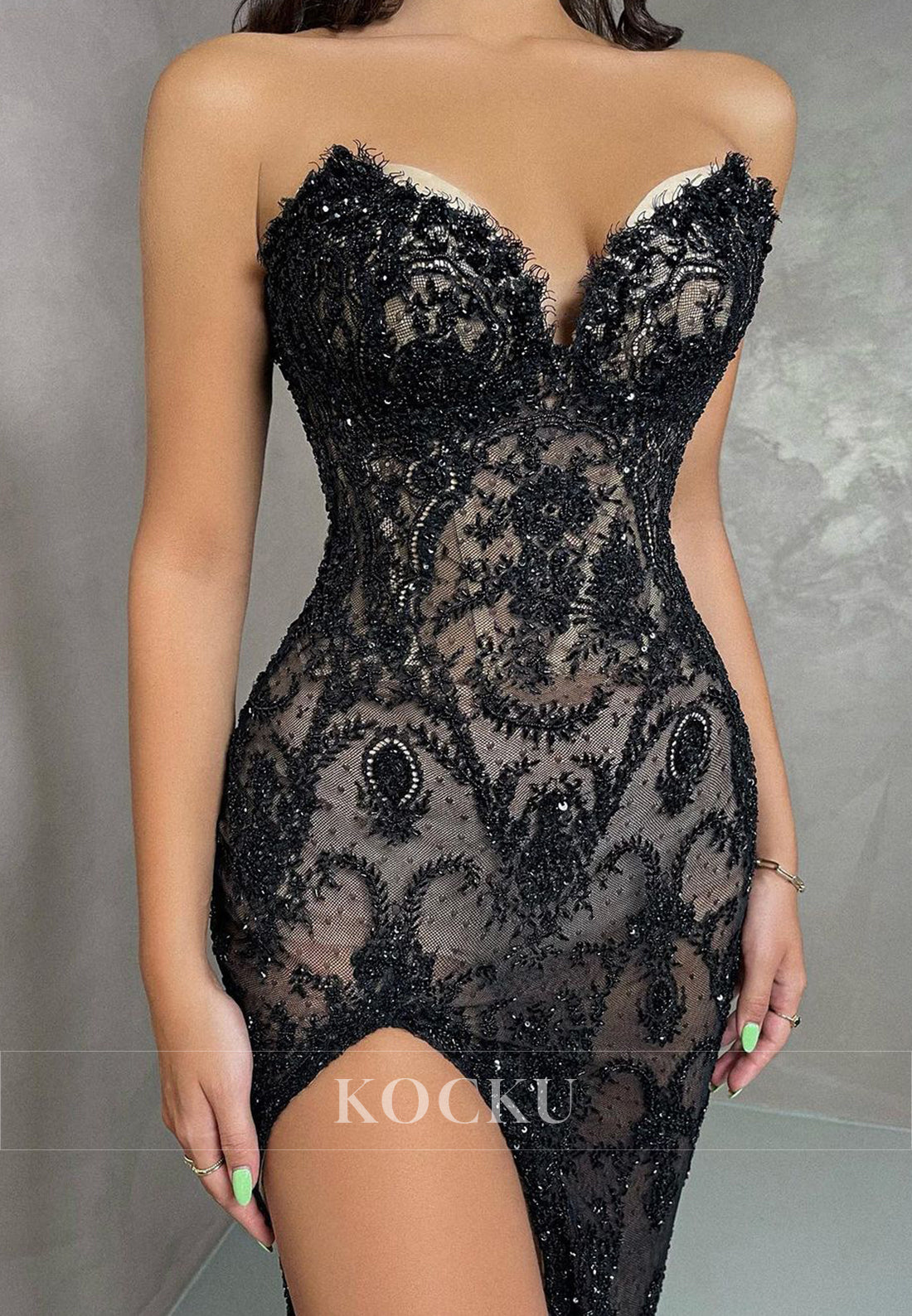 L1988 - Sweetheart Strapless Sheer Lace Sheath Long Prom Evening Dress With Slit