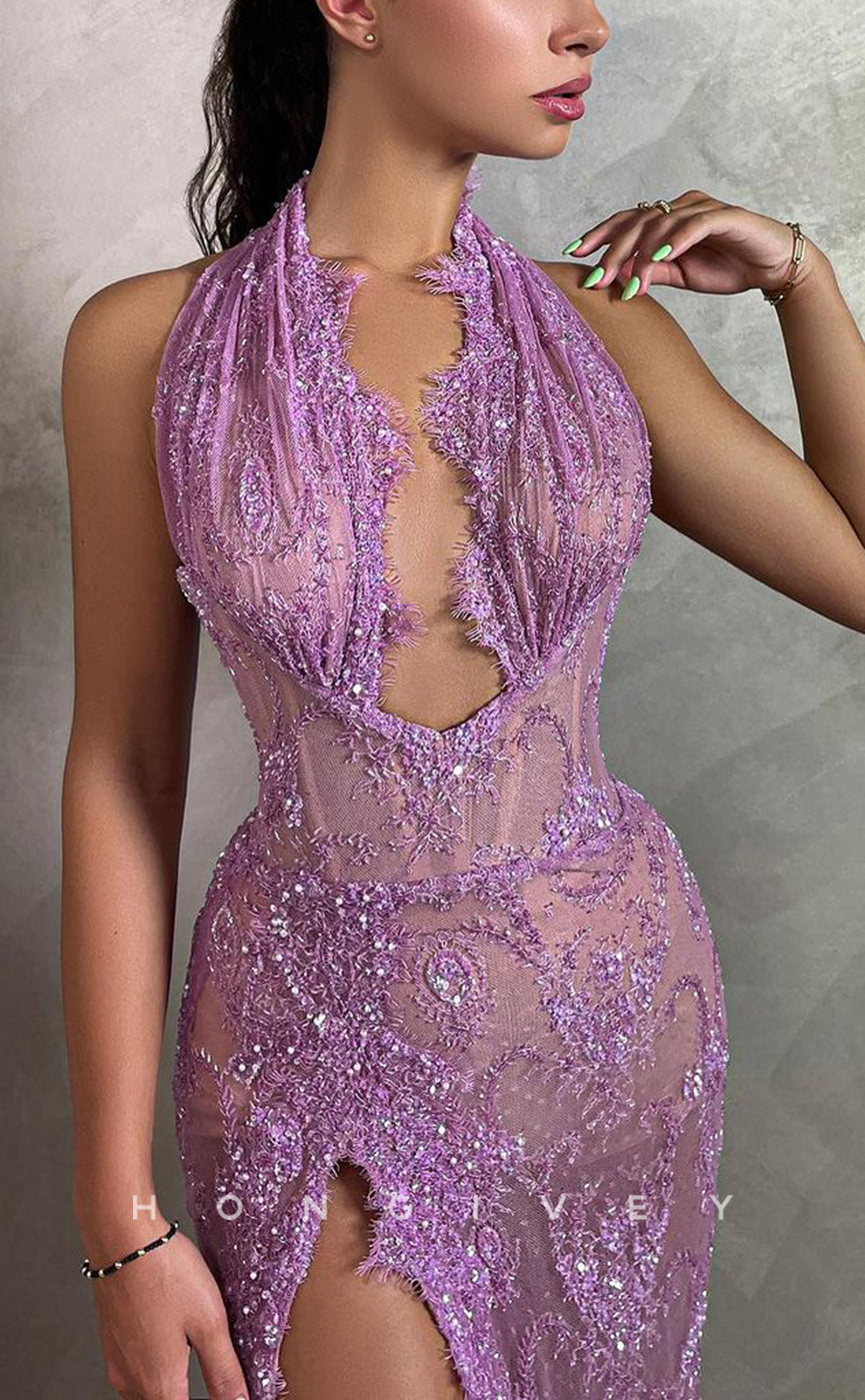 L1323 - Elegant & Luxurious Lace Illusion Cutout Halter Sleeveless With Side Slit Party Prom Evening Dress - Fashionpara