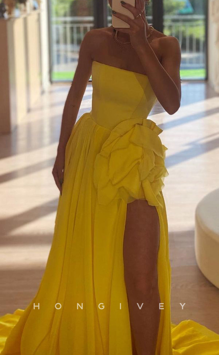 L1334 - Elegant & Luxurious Strapless Strapless Floral Embossed With Side Slit And Train Party Prom Evening Dress - Fashionpara