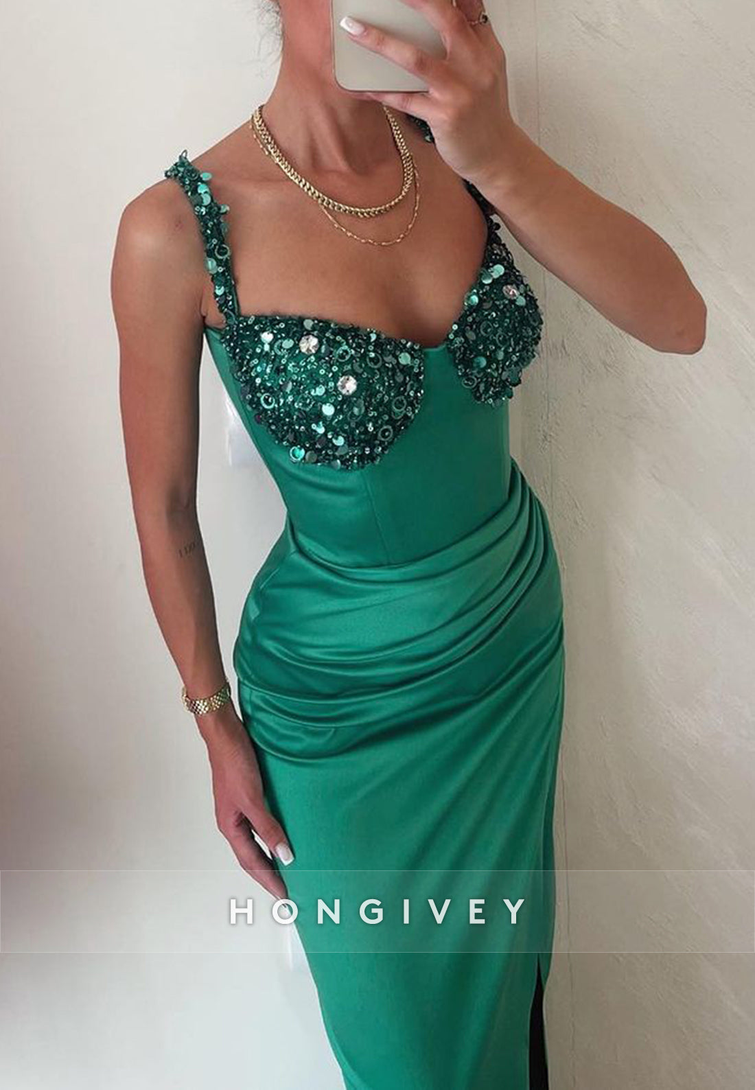 L1340 - Classic Sweetheart Spaghetti Straps Sequins Embellished Ruched Party Prom Evening Dress - Fashionpara