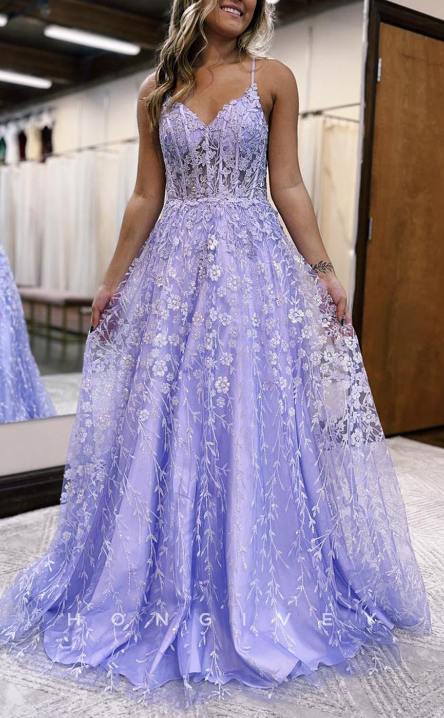 L1378 - Simple A-Line V-Nexk Spaghetti Straps Illusion Appliques Floor-Length Party Prom Evening Dress - Fashionpara