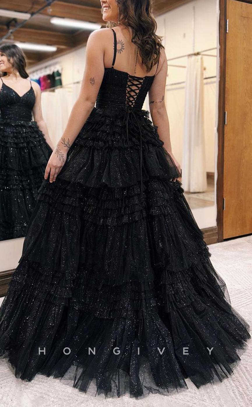 L1379 - Classic Black V-Neck Spaghetti Straps Empire Tiered Ball Gown Long Party Prom Evening Dress - Fashionpara