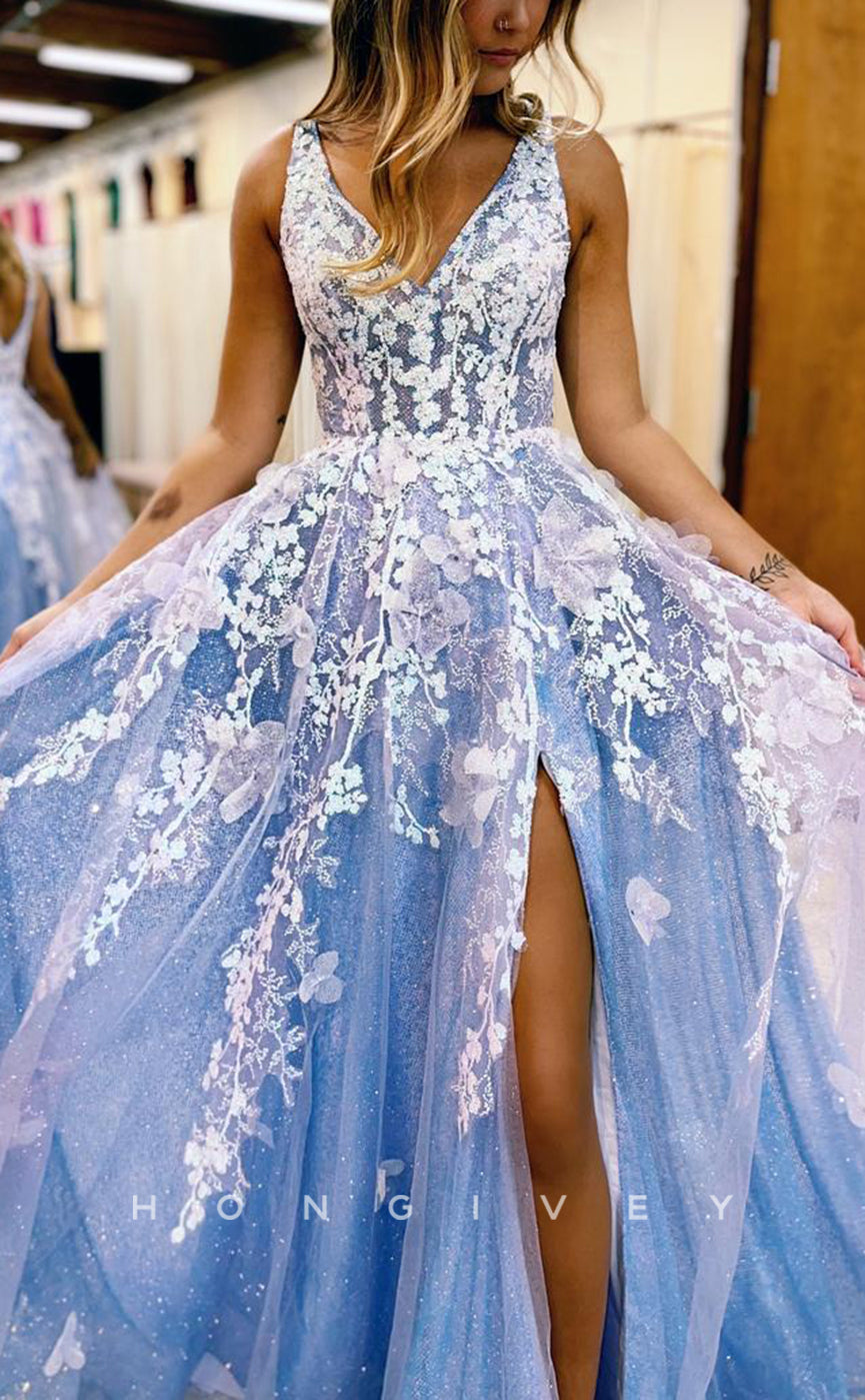 L1390 - Elegant A-Line Empire Spaghetti Straps Tulle Appliques Floor-Length Party Prom Evening Dress - Fashionpara