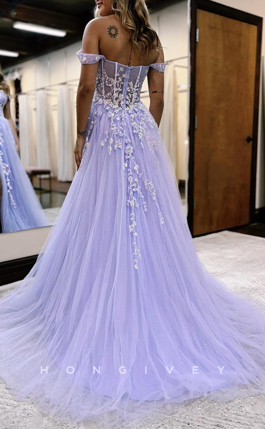 L1392 - Sexy A-Line Empire Illusion Off-Shoulder Appliques With Side Slit Party Prom Evening Dress - Fashionpara