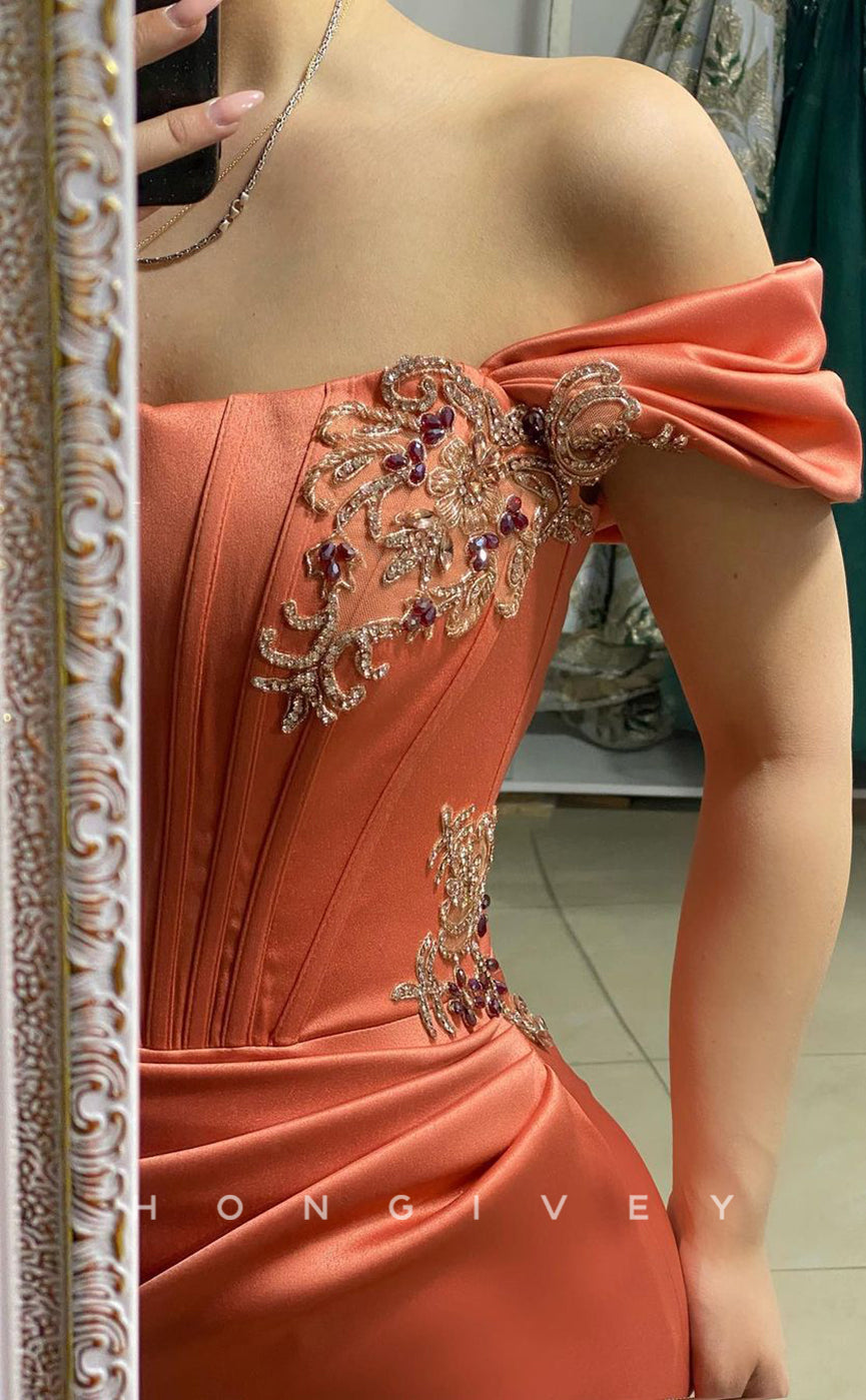 L1397 - Sexy Fitted Satin Off-Shoulder Appliques Ruched Floor-Length Party Prom Evening Dress - Fashionpara