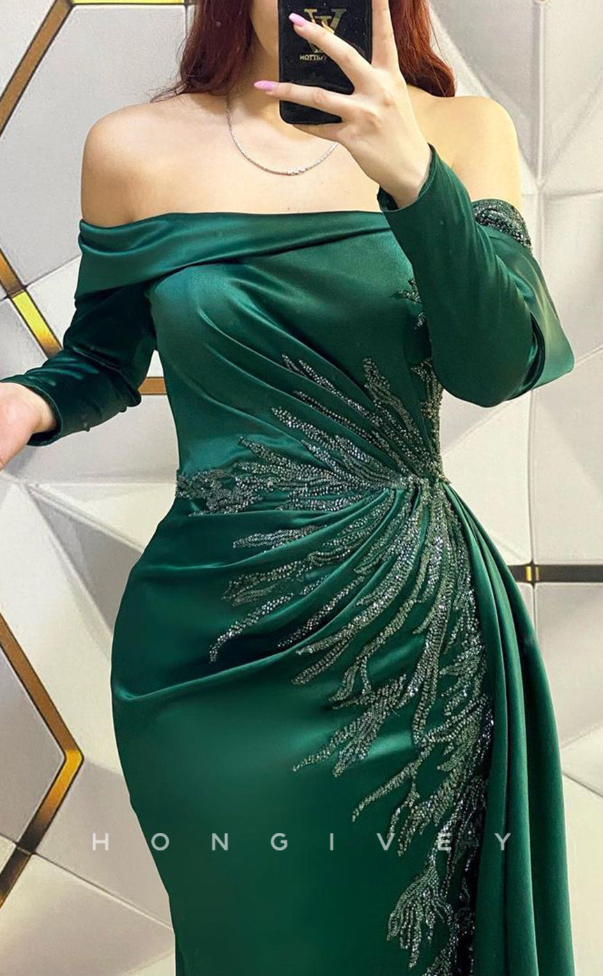 L1398 - Elegant Off-Shoulder Long Sleeves Ruched Appliques Party Prom Evening Dress - Fashionpara