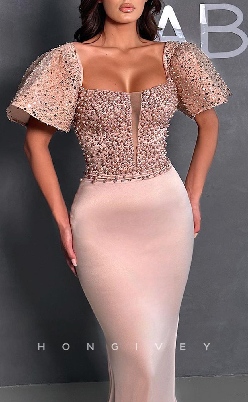 L1404 - Sexy Fitted Trumpt Square Puff Sleeves Gown Beaded Party Prom Evening Dress - Fashionpara