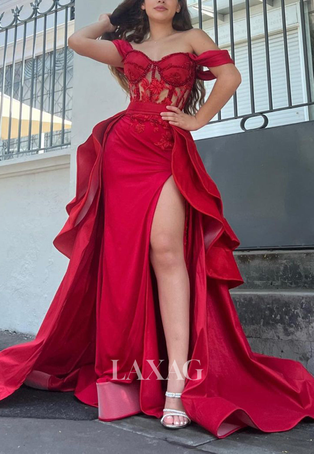Off the Shoulder Ruched Detachable Skirt Long Red Semi Formal Prom Dress with Slit - Fashionpara