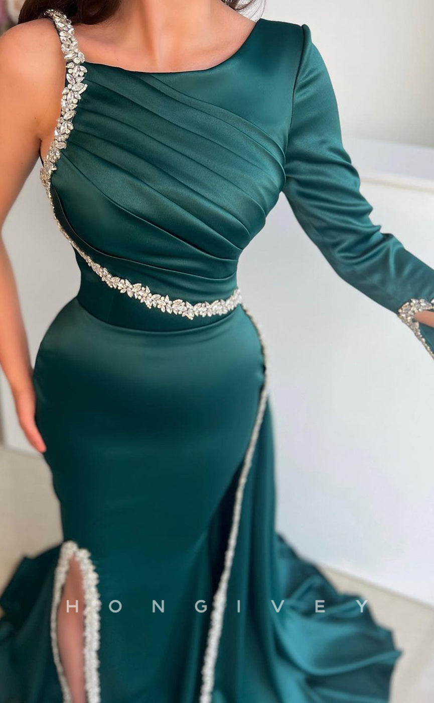 L1414 - Sexy Fitted Satin Asymmetrical Gown Scoop Beaded Party Prom Evening Dress - Fashionpara