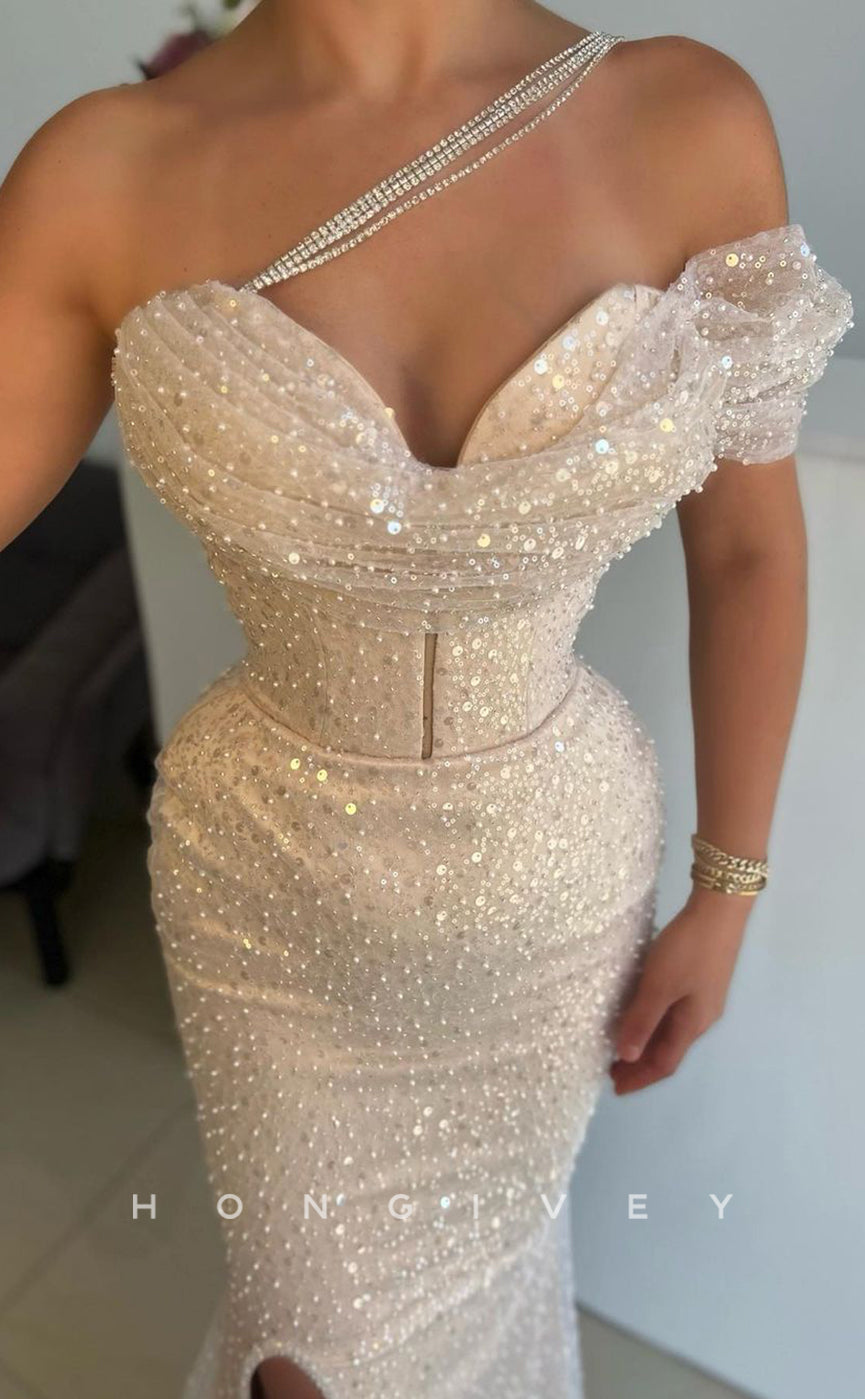 L1415 - Sexy Fitted Glitter Sweetheart Empire Floor-Length With Slit Party Prom Evening Dress - Fashionpara