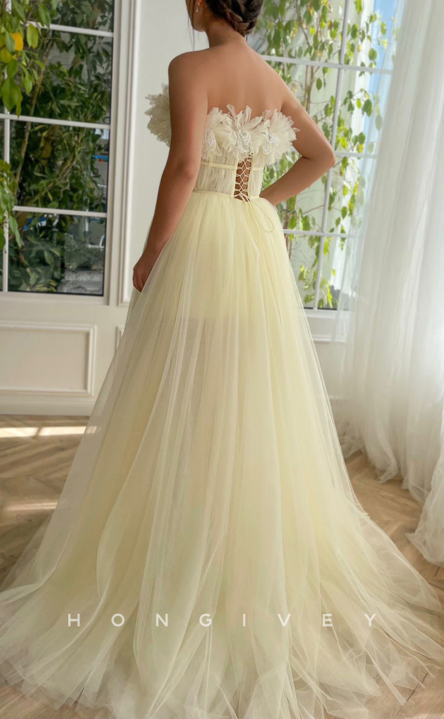 L1418 - Sexy Tulle A-Line Empire Strapless Sleeveless Floral Party Prom Evening Dress - Fashionpara