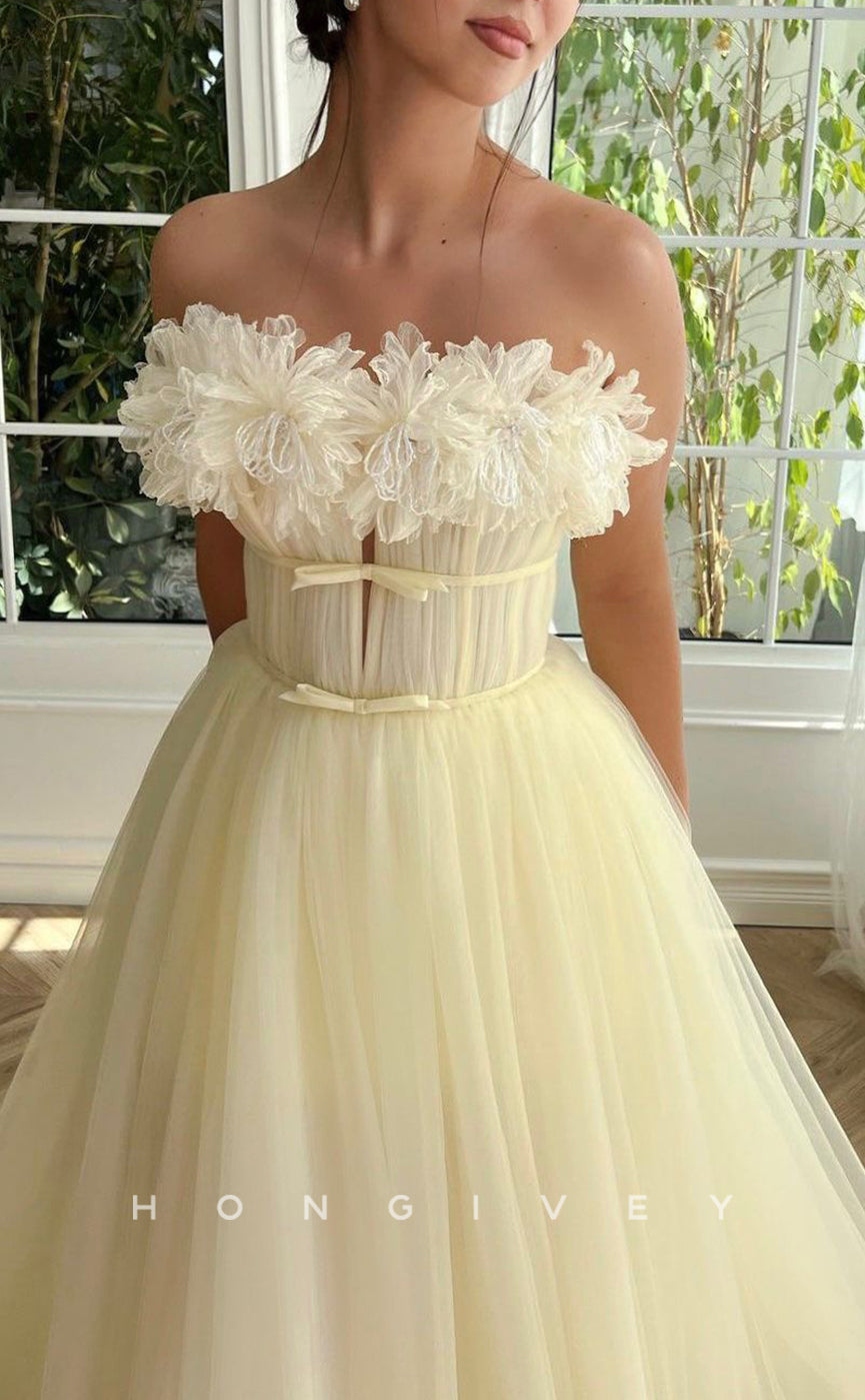 L1418 - Sexy Tulle A-Line Empire Strapless Sleeveless Floral Party Prom Evening Dress - Fashionpara