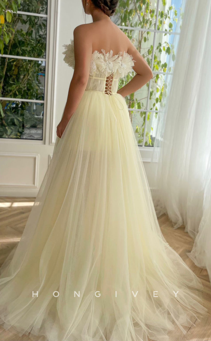 L1418 - Sexy Tulle A-Line Empire Strapless Sleeveless Floral Party Prom Evening Dress - Fashionpara