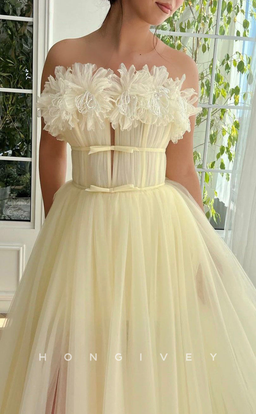 L1418 - Sexy Tulle A-Line Empire Strapless Sleeveless Floral Party Prom Evening Dress - Fashionpara