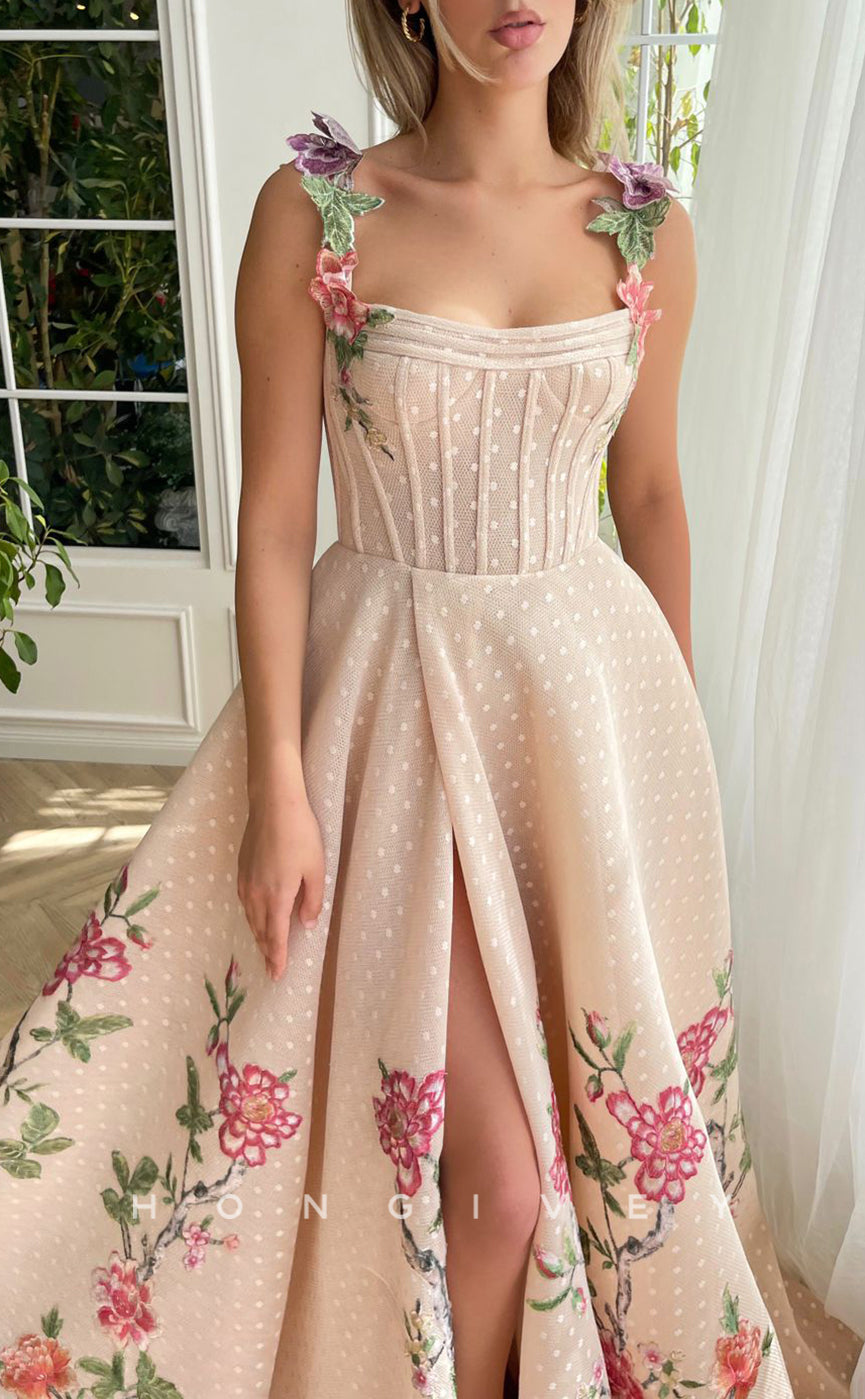 L1419 - Sexy Satin A-Line Empire Square Floral Spaghetti Straps With Side Slit Party Prom Evening Dress - Fashionpara