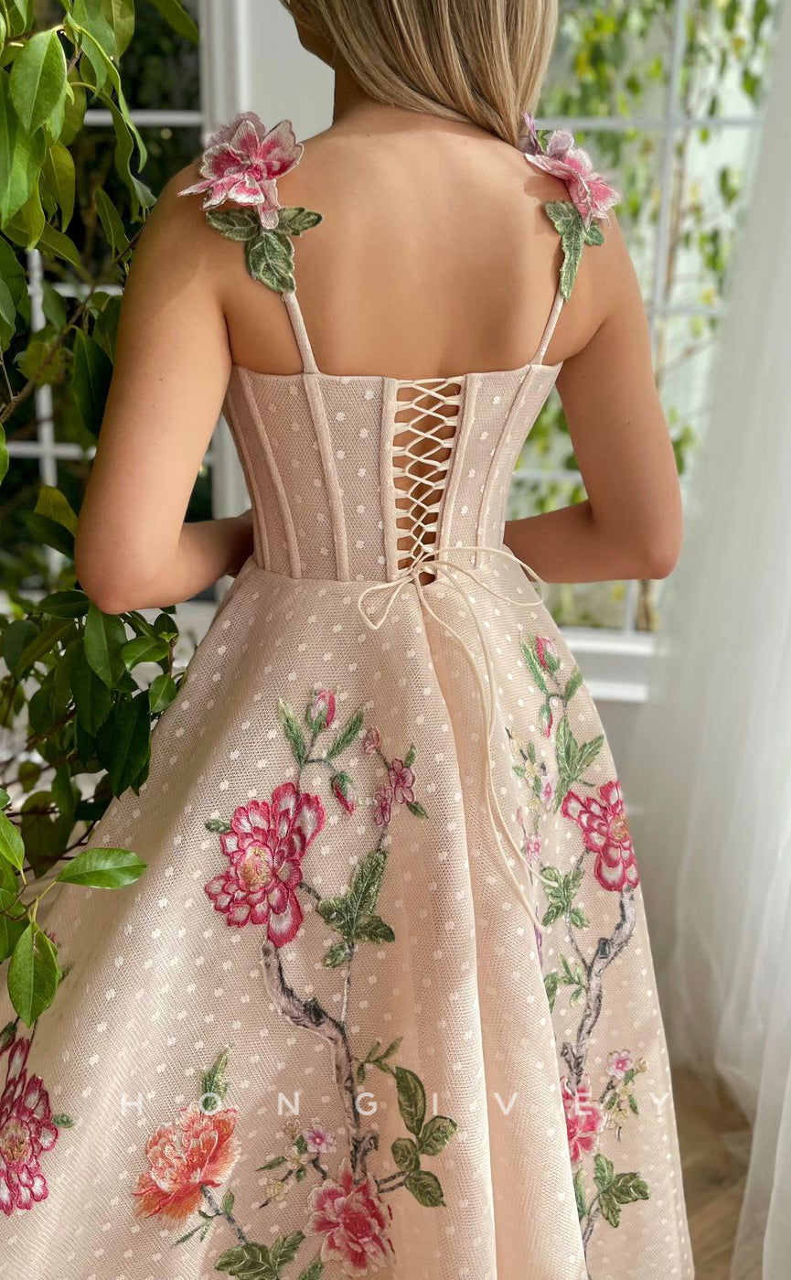 L1419 - Sexy Satin A-Line Empire Square Floral Spaghetti Straps With Side Slit Party Prom Evening Dress - Fashionpara