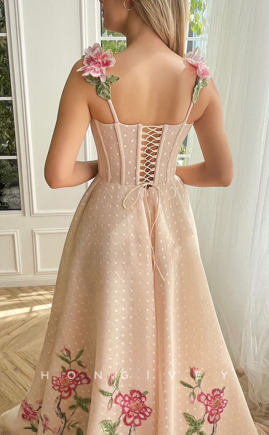 L1419 - Sexy Satin A-Line Empire Square Floral Spaghetti Straps With Side Slit Party Prom Evening Dress - Fashionpara