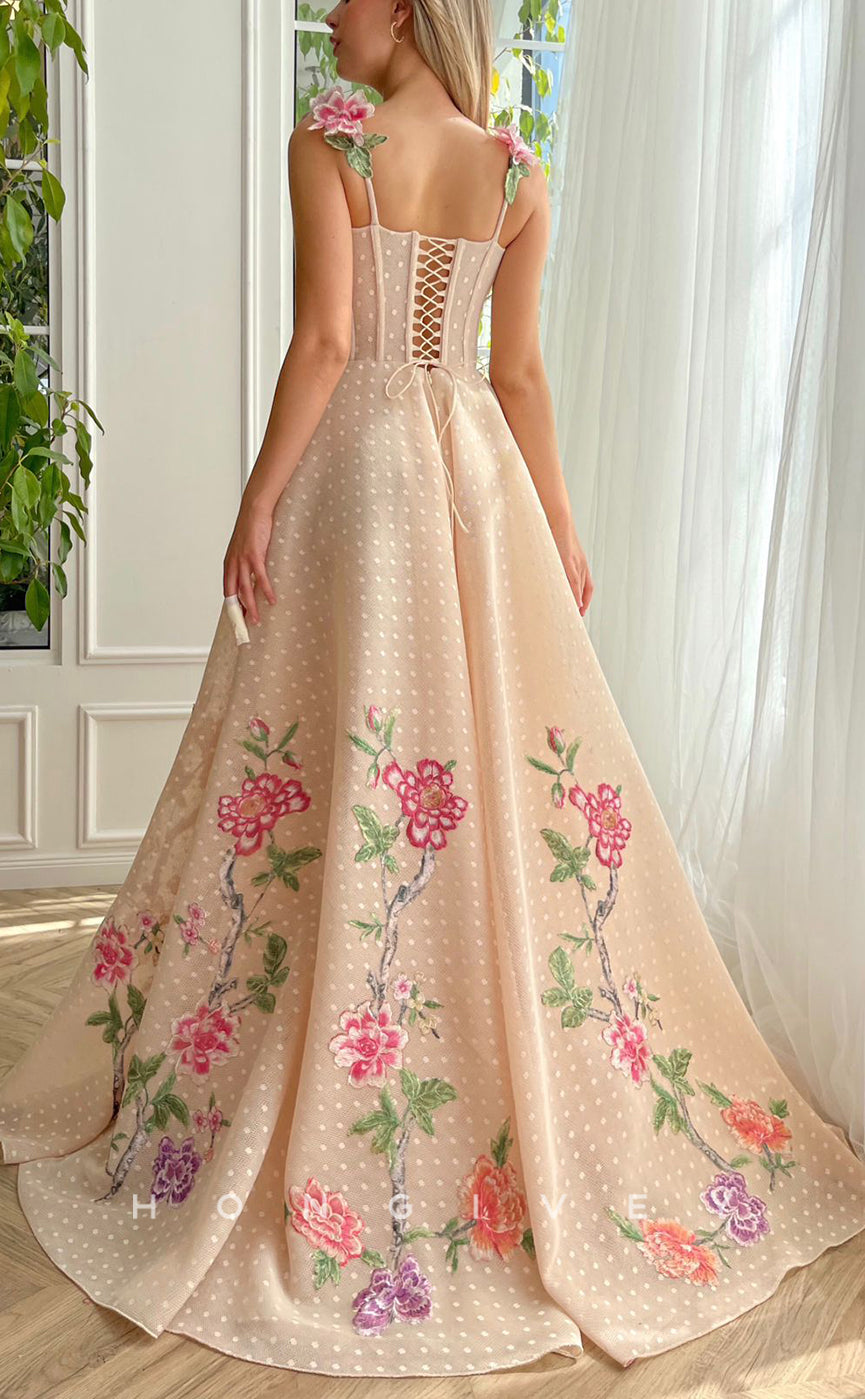 L1419 - Sexy Satin A-Line Empire Square Floral Spaghetti Straps With Side Slit Party Prom Evening Dress - Fashionpara