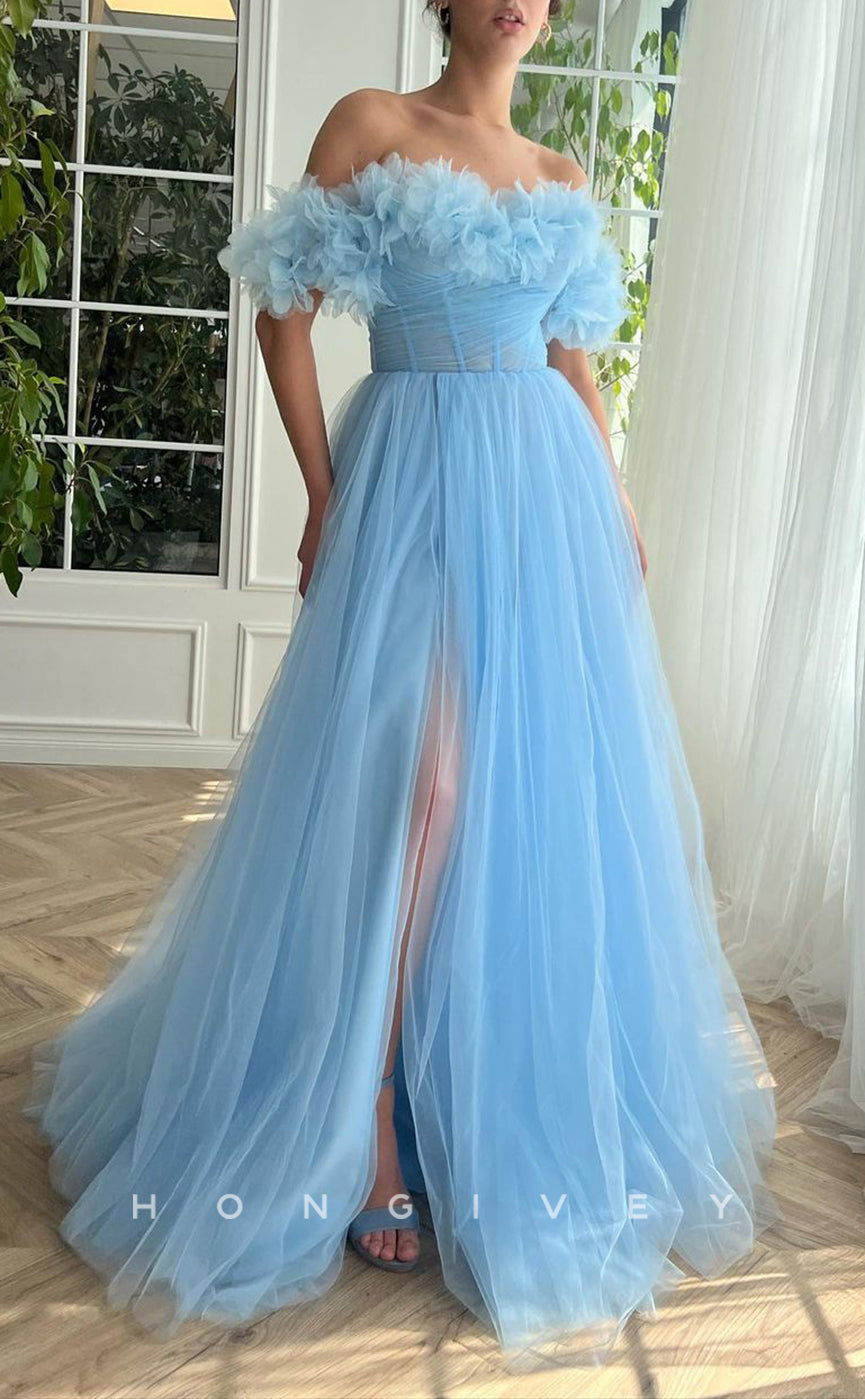 L1420 - Sexy Tulle Illusion A-Line Empire Off-Shoulder With Side Slit Party Prom Evening Dress - Fashionpara