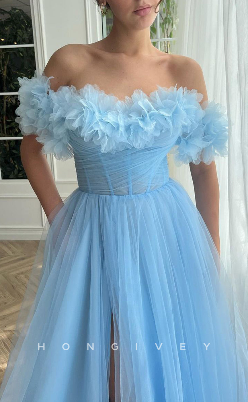 L1420 - Sexy Tulle Illusion A-Line Empire Off-Shoulder With Side Slit Party Prom Evening Dress - Fashionpara