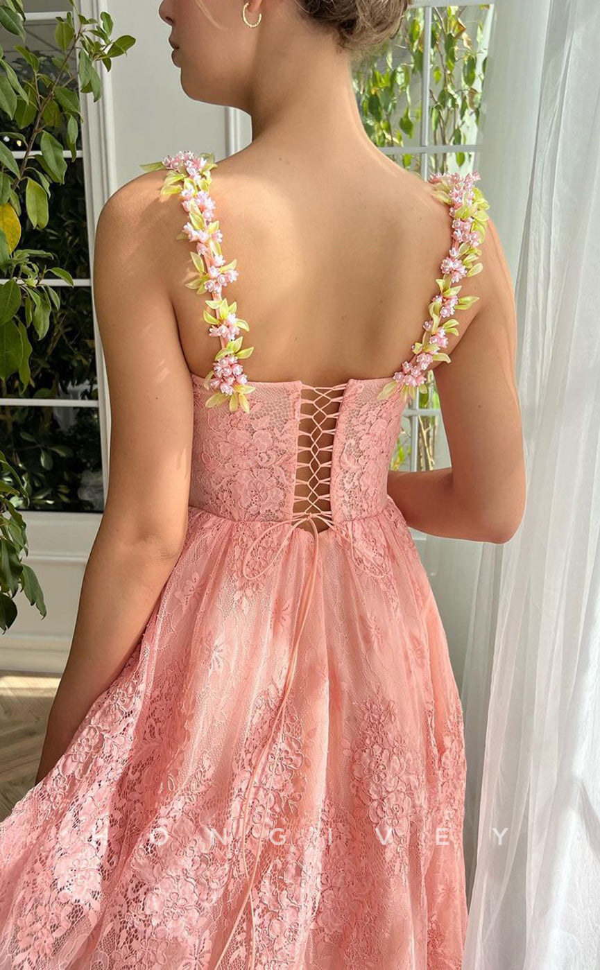 L1421 - Sexy A-Line Empire Square Floral Spaghetti Straps Illusion Party Prom Evening Dress - Fashionpara