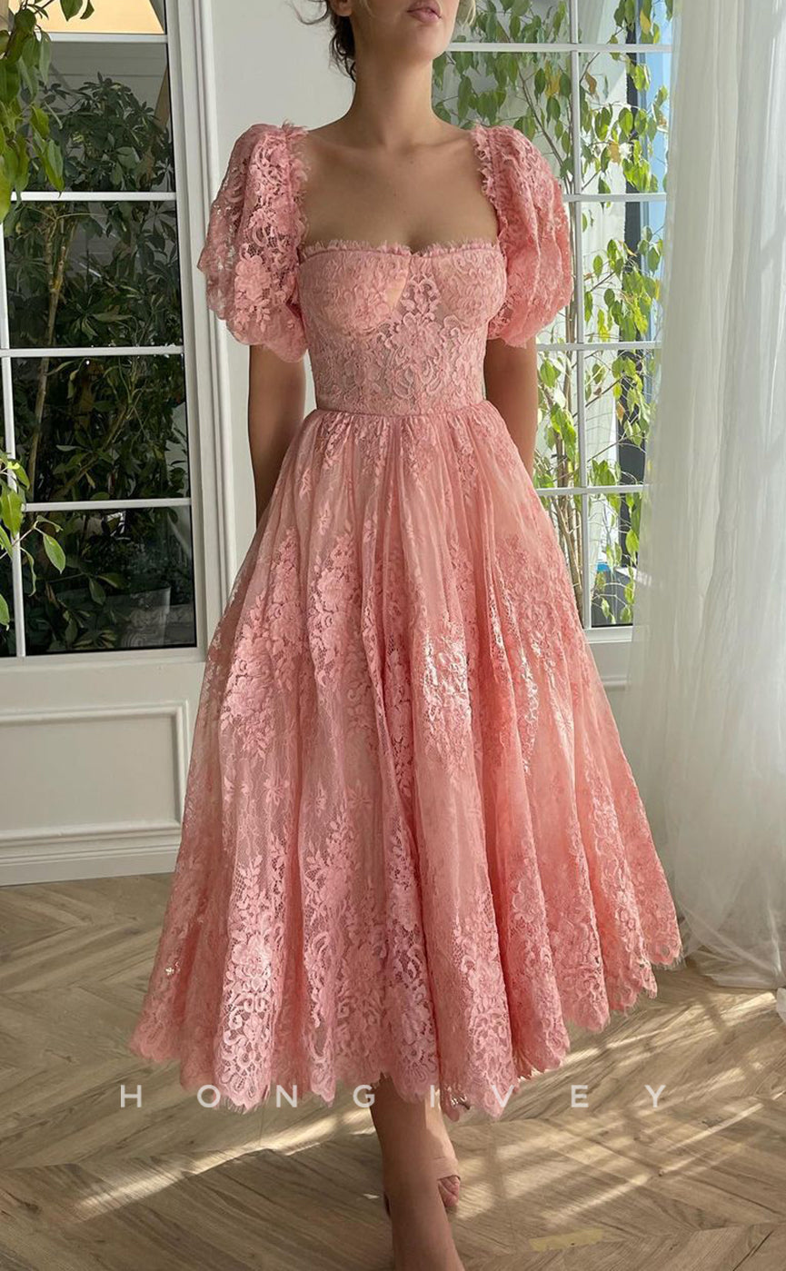 L1422 - Elegant A-Line Empire Square Short Sleeve Illusion Floral Party Prom Evening Dress - Fashionpara