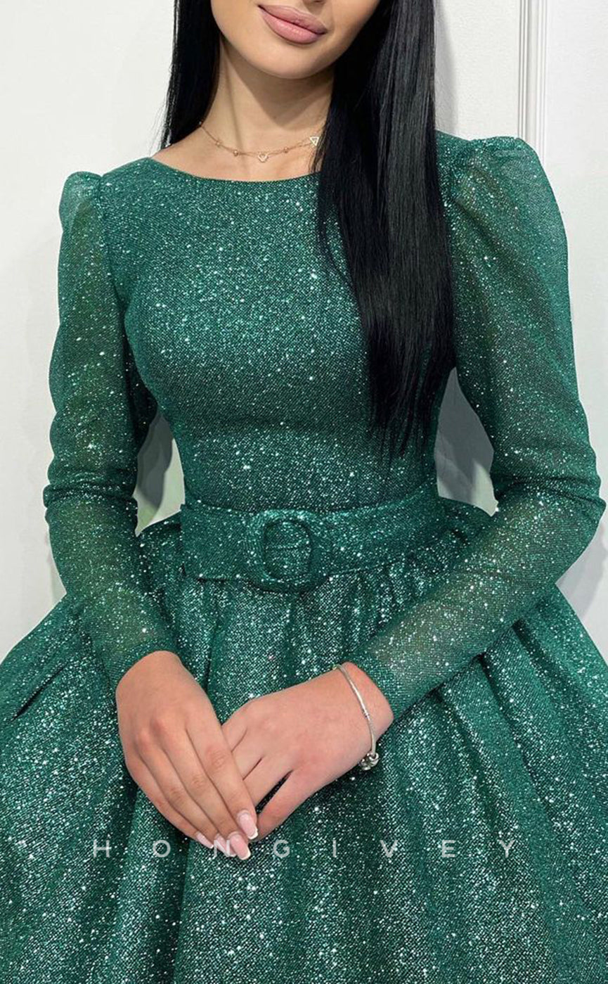 L1429 - Elegant Glitter A-Line Empire Belt Bateau Long Sleeves Party Prom Evening Dress - Fashionpara