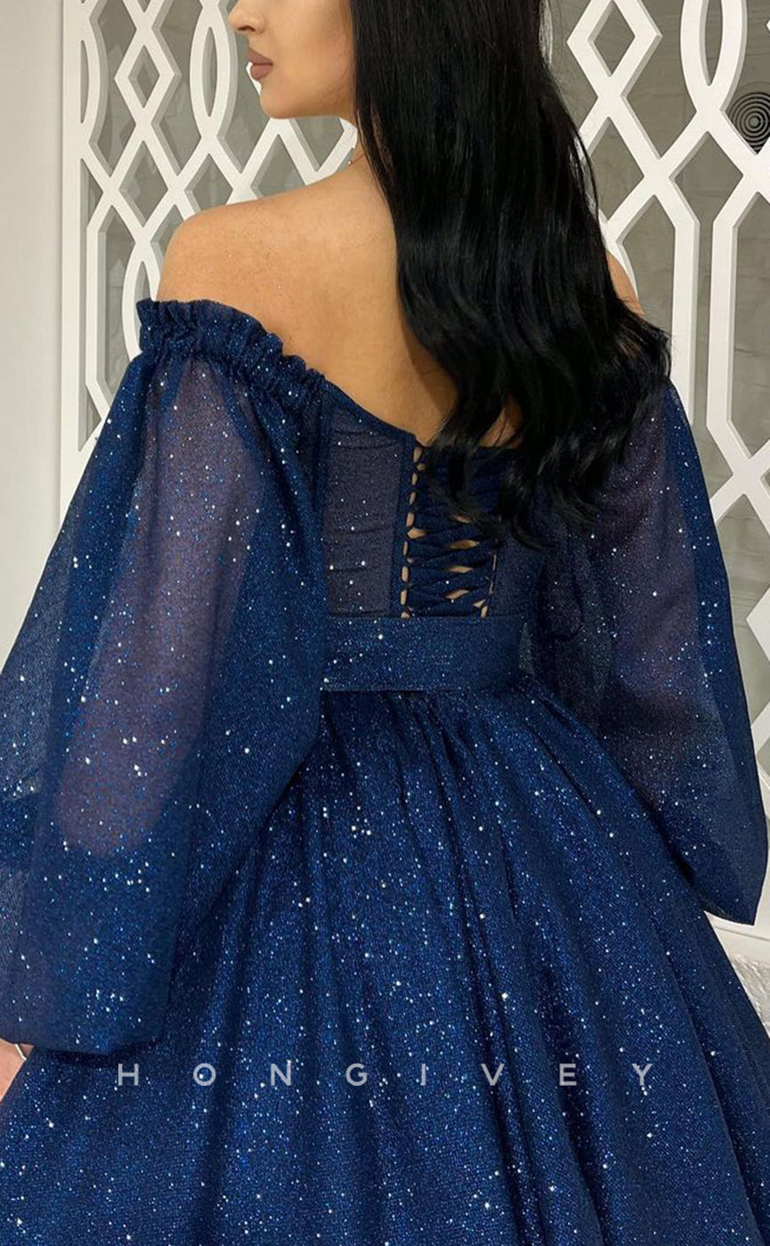 L1430 - Elegant Tulle Glitter A-Line Empire V-Neck Long Puff Sleeves Gown Illusion Party Prom Evening Dress - Fashionpara
