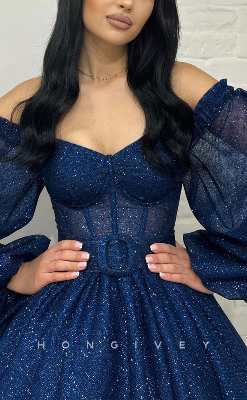 L1430 - Elegant Tulle Glitter A-Line Empire V-Neck Long Puff Sleeves Gown Illusion Party Prom Evening Dress - Fashionpara
