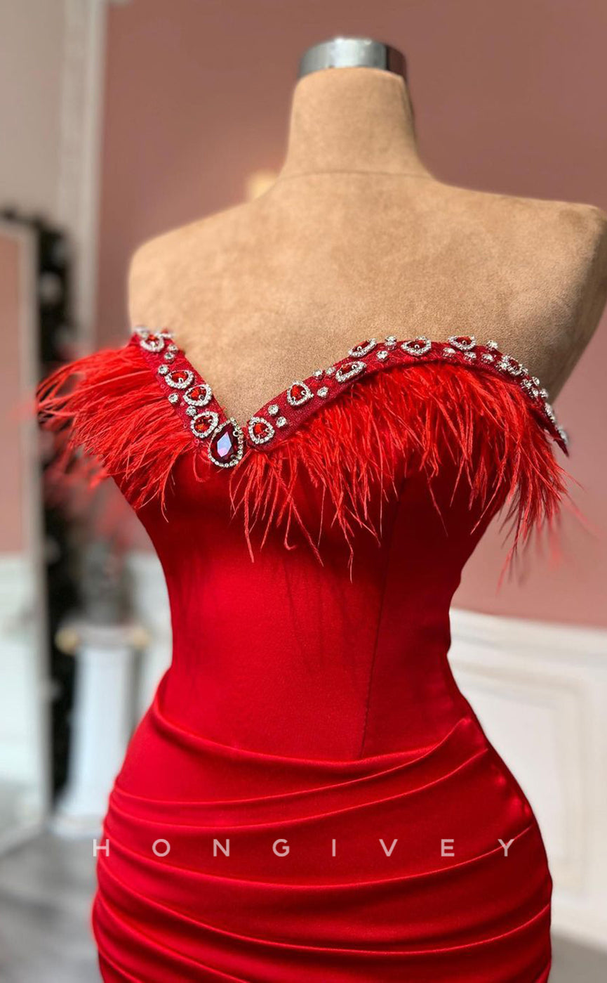 L1444 - Sexy Fitted Satin Sweetheart Feathers Sleeveless Ruched Party Prom Evening Dress - Fashionpara