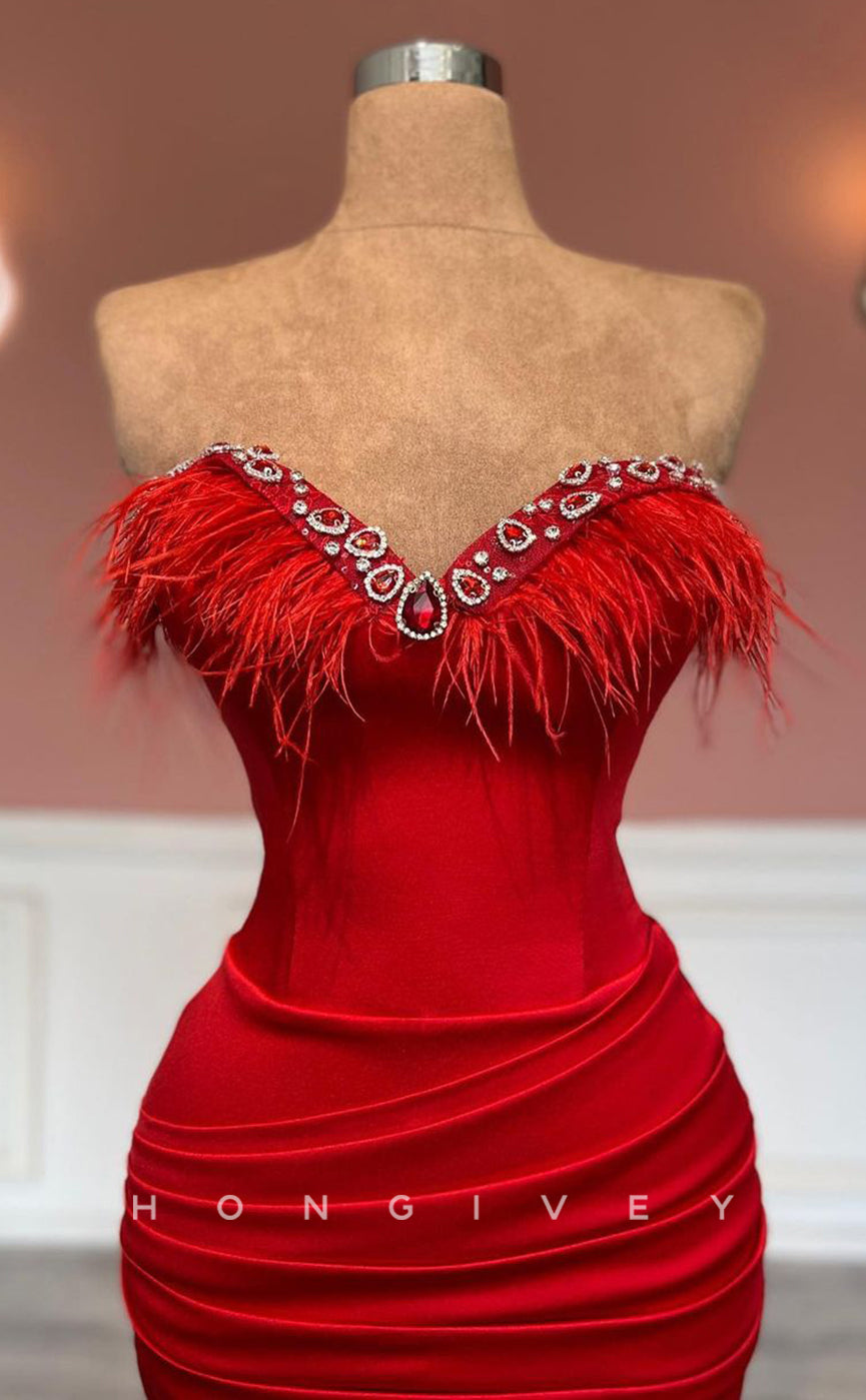 L1444 - Sexy Fitted Satin Sweetheart Feathers Sleeveless Ruched Party Prom Evening Dress - Fashionpara