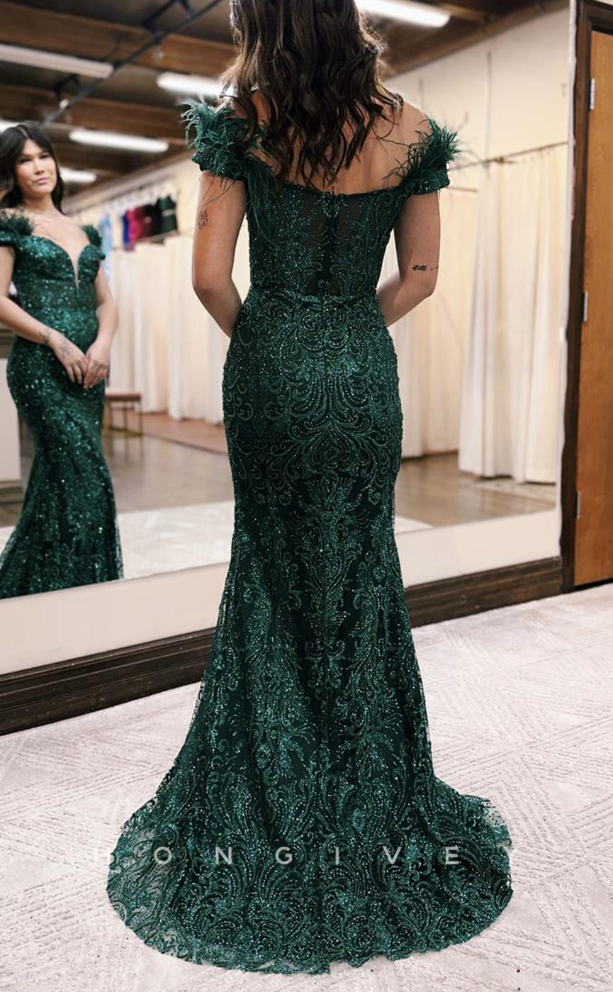 L1455 - Sexy Trumpt Glitter Off-Shoulder Feathers Appliques Party Prom Evening Dress - Fashionpara