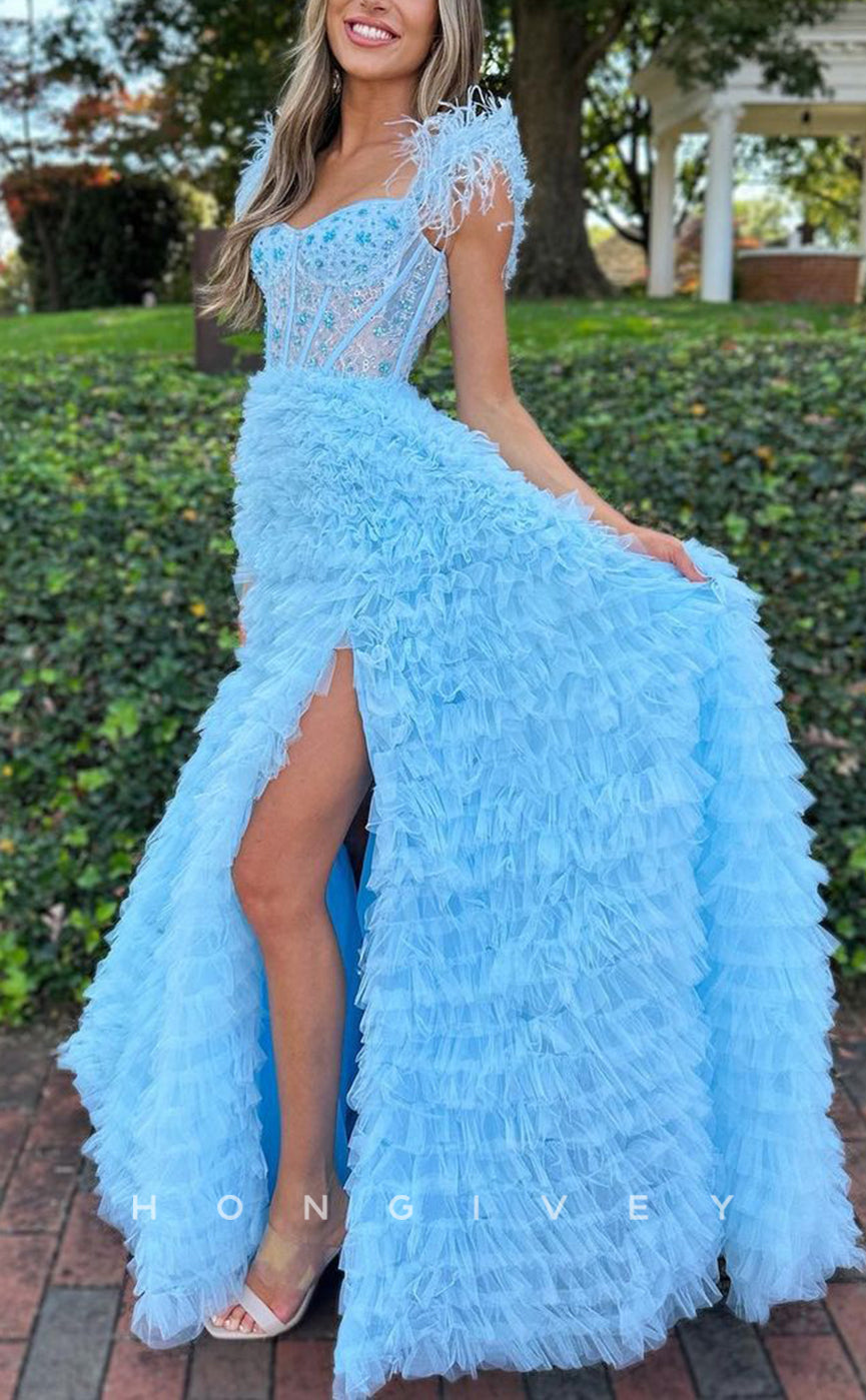 L1462 - Sexy Tulle A-Line Sweetheart Feathers Spaghetti Straps With Side Slit Party Prom Evening Dress - Fashionpara