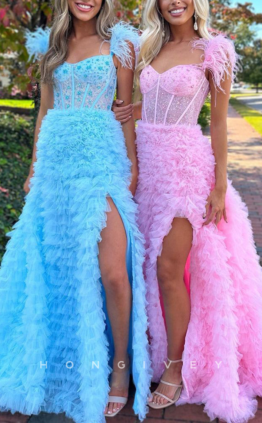 L1462 - Sexy Tulle A-Line Sweetheart Feathers Spaghetti Straps With Side Slit Party Prom Evening Dress - Fashionpara