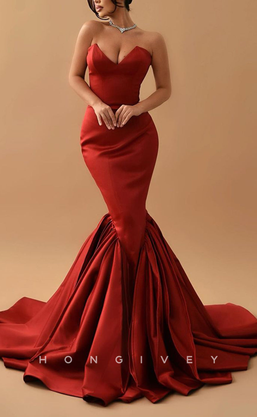 L1466 - Elegant Satin Trumpt V-Neck Strapless Empire Party Prom Evening Dress - Fashionpara