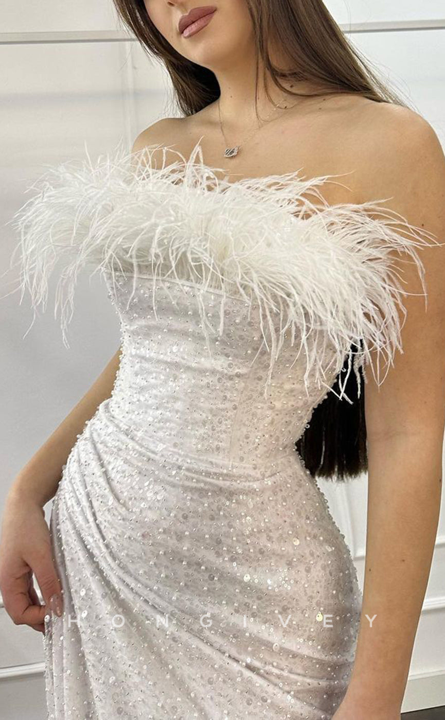 L1488 - Sexy Fitted Glitter Strapless Sleeveless Feathers Sequined Ruched Party Prom Evening Dress - Fashionpara