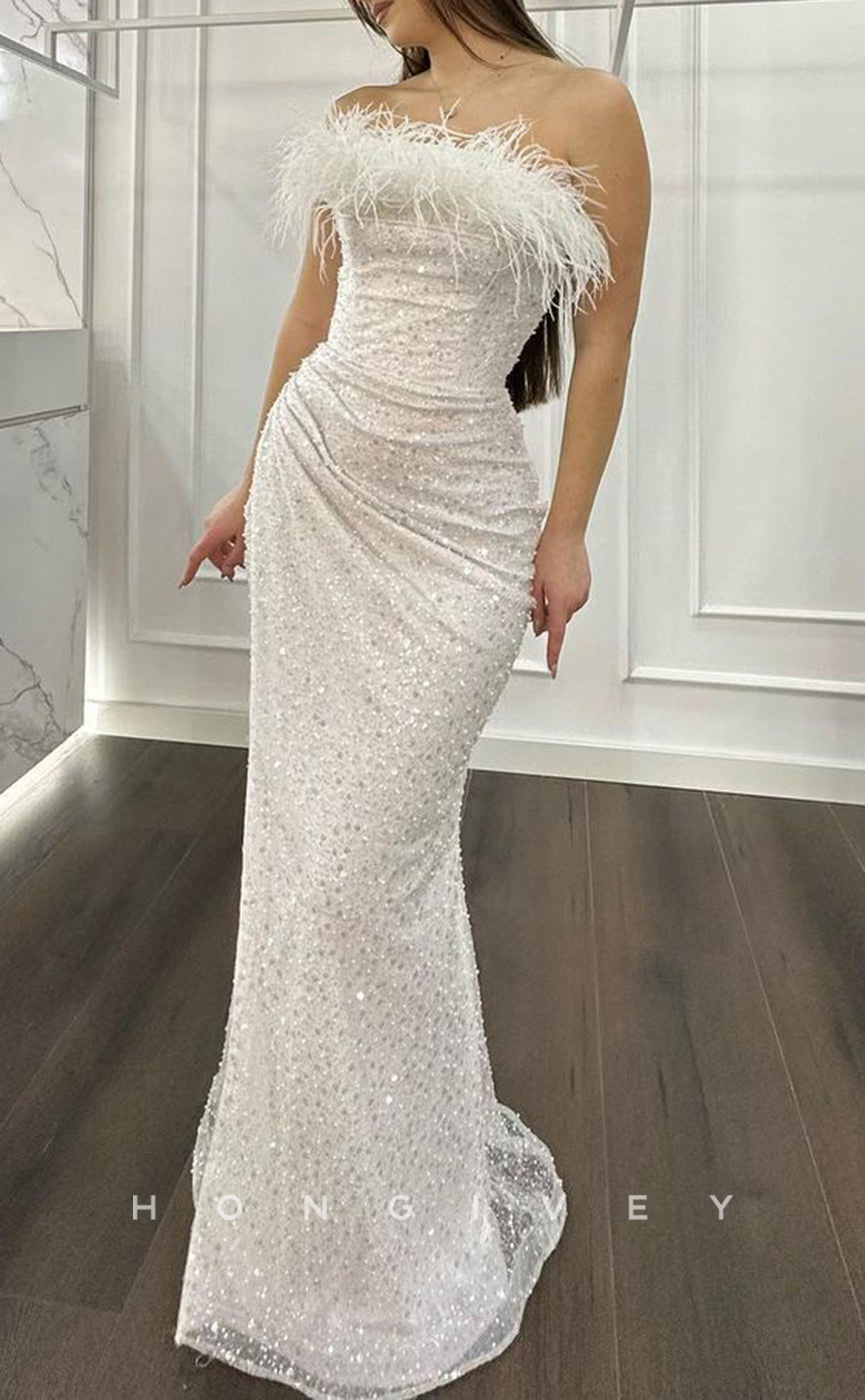 L1488 - Sexy Fitted Glitter Strapless Sleeveless Feathers Sequined Ruched Party Prom Evening Dress - Fashionpara