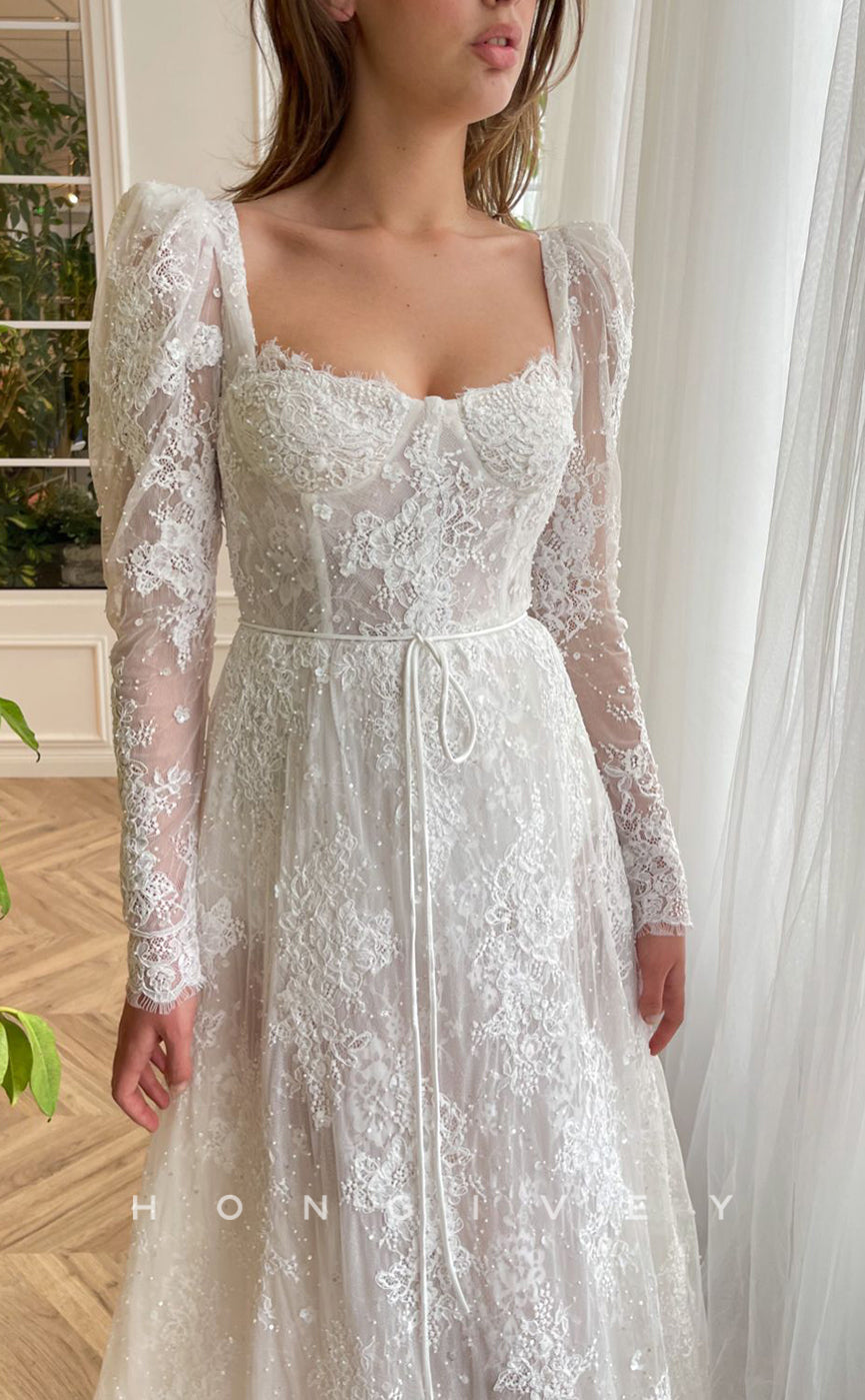 L1540 - Sexy Satin Illusion A-Line Square Long Sleeve Empire Party Prom Evening Dress - Fashionpara