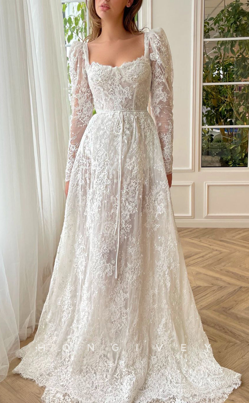L1540 - Sexy Satin Illusion A-Line Square Long Sleeve Empire Party Prom Evening Dress - Fashionpara