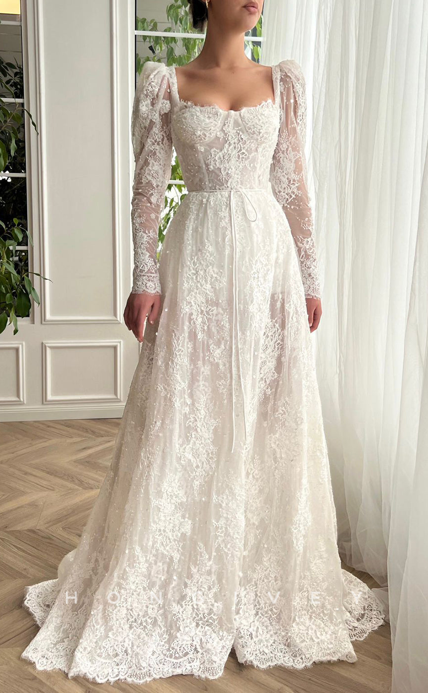 L1540 - Sexy Satin Illusion A-Line Square Long Sleeve Empire Party Prom Evening Dress - Fashionpara