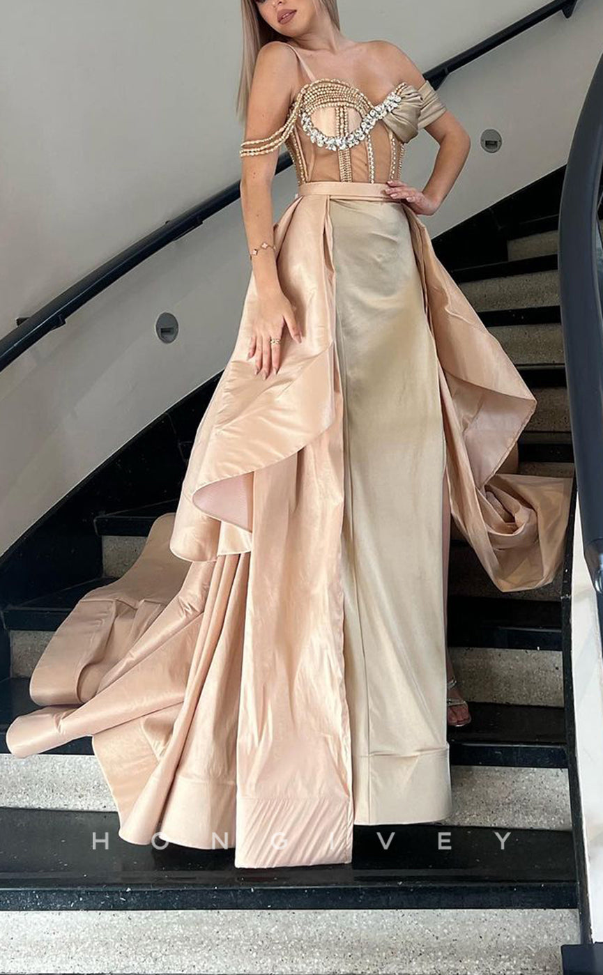 L1672 - Sexy Satin Off-Shoulder Beaded Illusion Empire Train Party Prom Evening Dress - Fashionpara