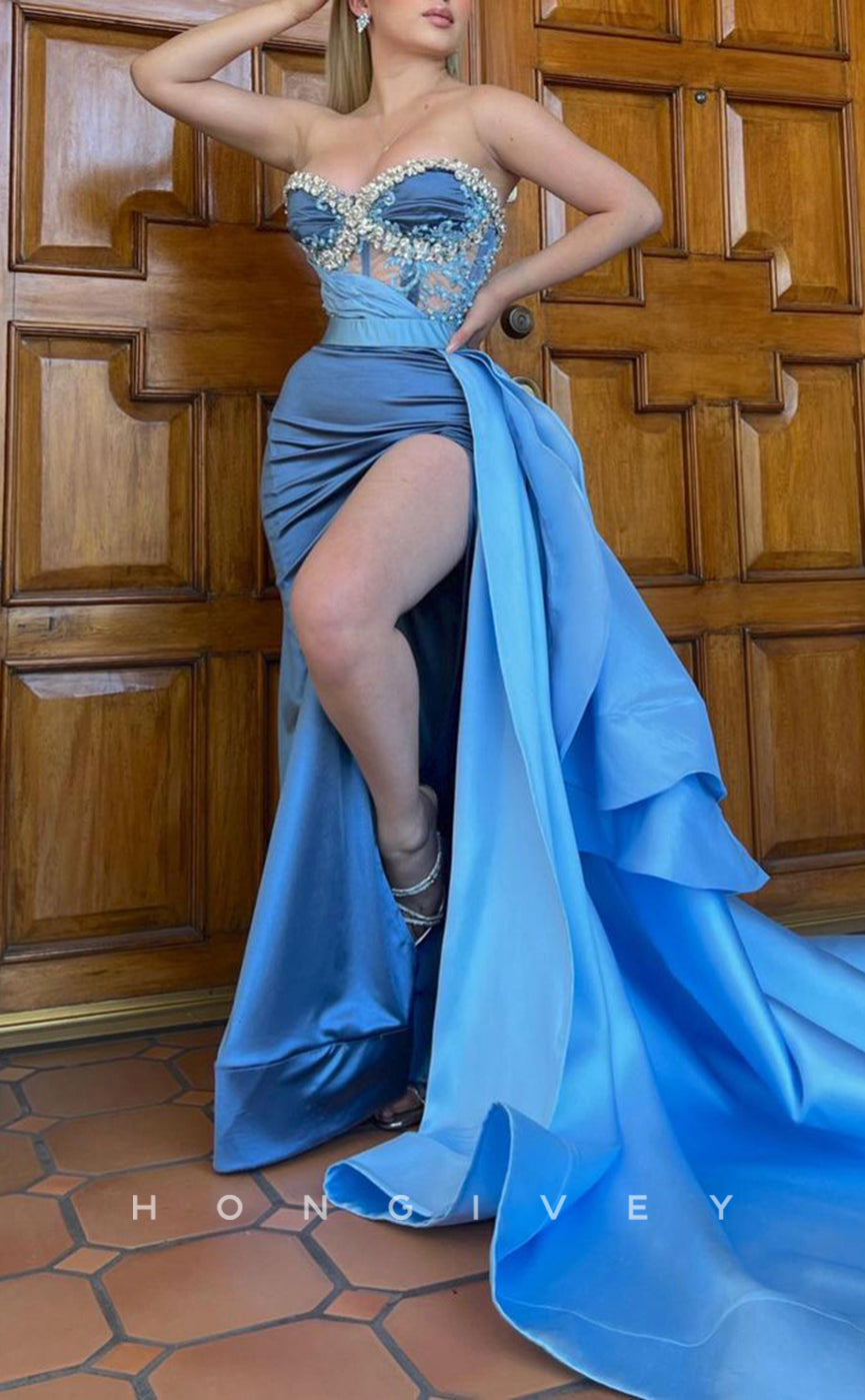 L1673 - Sexy A-Line Satin Sweetheart Strapless Sleeveless Empire With Side Slit Train Party Prom Evening Dress - Fashionpara