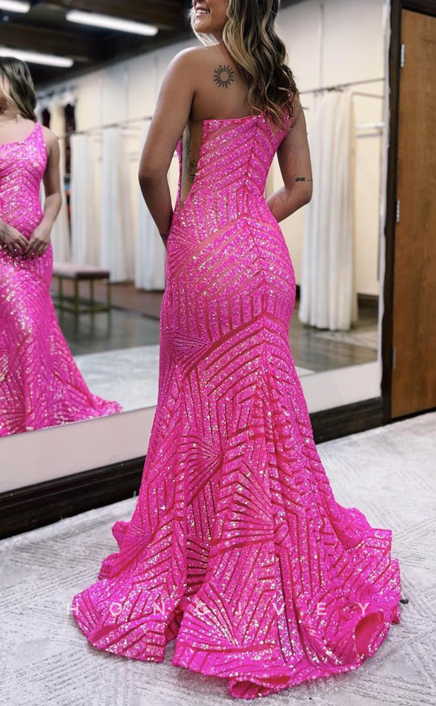 L1685 - Sexy Trumpt Glitter One Shoulder Sleeveless Fully Sequined Party Prom Evening Dress - Fashionpara