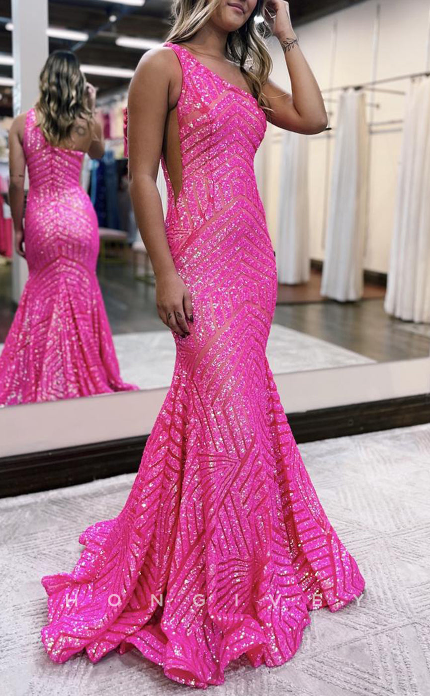 L1685 - Sexy Trumpt Glitter One Shoulder Sleeveless Fully Sequined Party Prom Evening Dress - Fashionpara