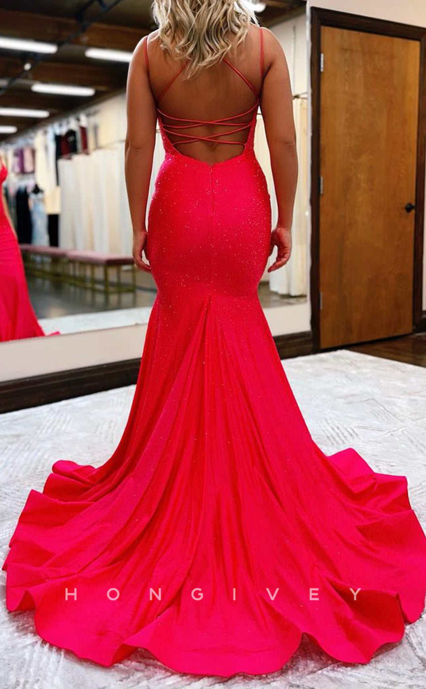 L1691 - Sexy Satin Trumpt Glitter V-Neck Spaghetti Straps Empire With Train Party Prom Evening Dress - Fashionpara